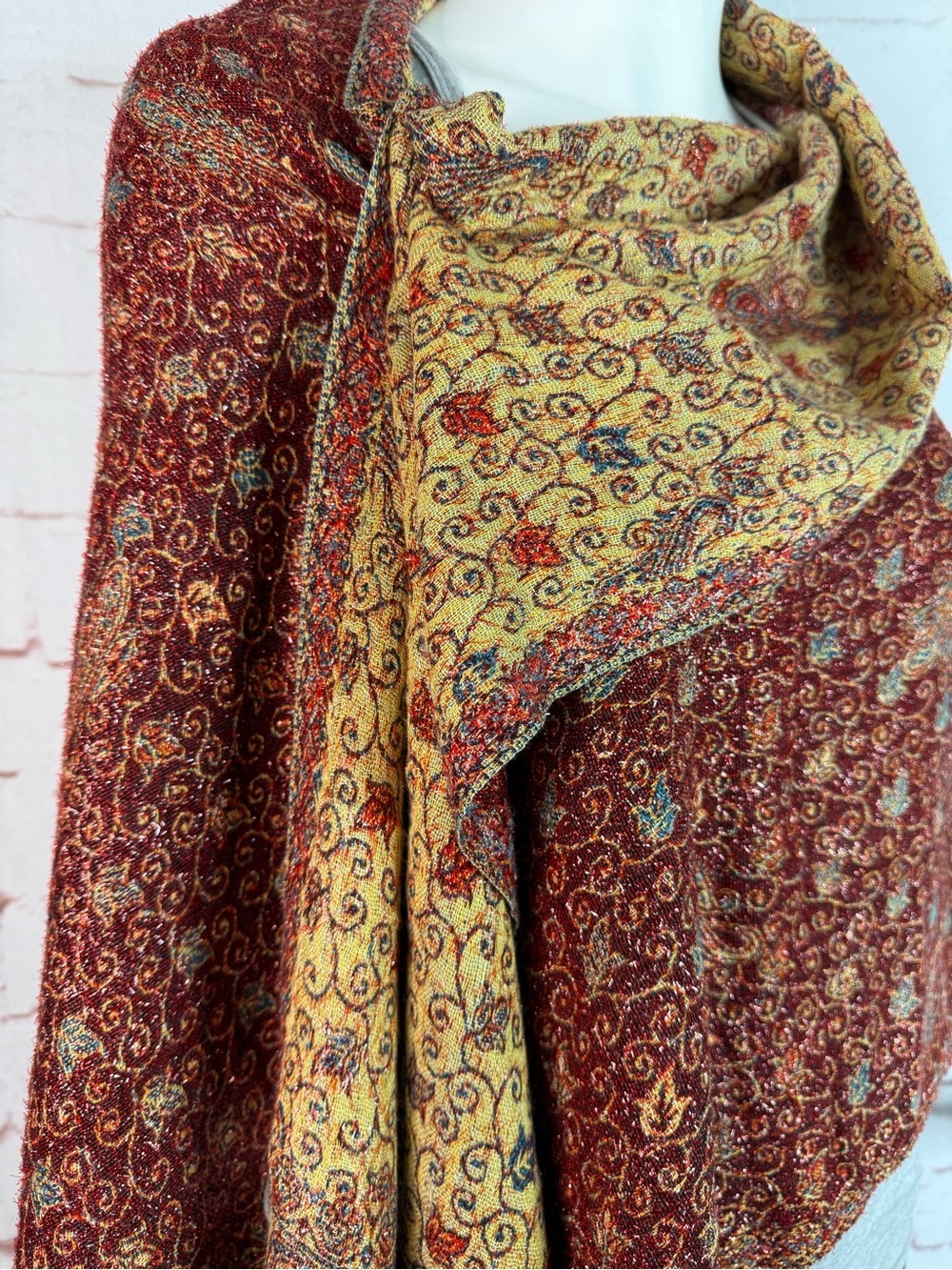 BINDYA 27” x 73” Metallic Thread Rust Gold Jaal Paisley
Reversible Shawl Wrap - Picture 16 of 16